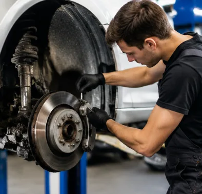 Mechanic inspecting brake components