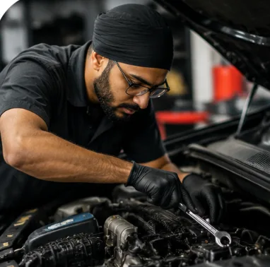 Mobile mechanic working in an engine bay