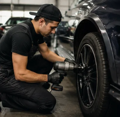 Mechanic working on a vehicle wheel